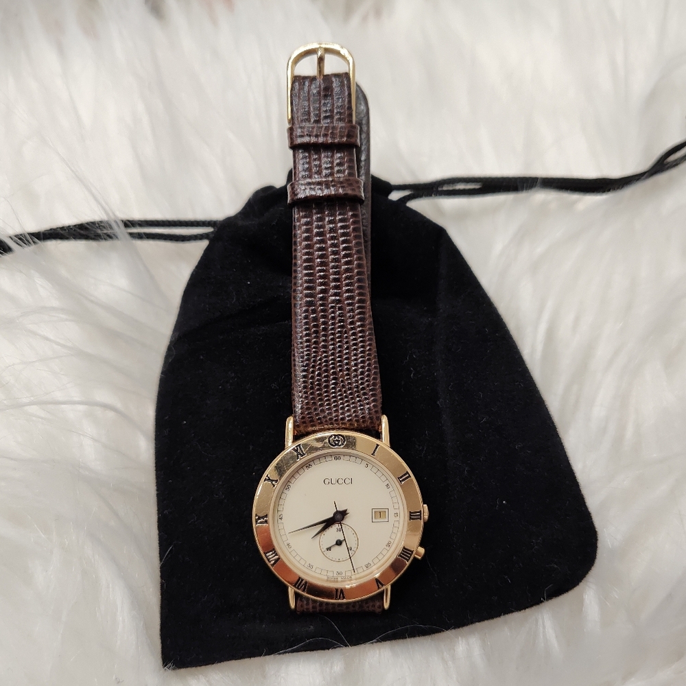 Vintage 90's Gucci 3800 Jr Wristwatch, 18k Gold Plated, Lizard Calf Band 5/8R,